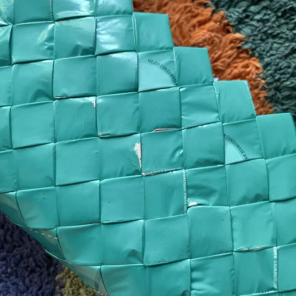VTG Handmade Upcycled Bimbo Wrapper Woven Shoulder Bag Turquoise Wearable Art
